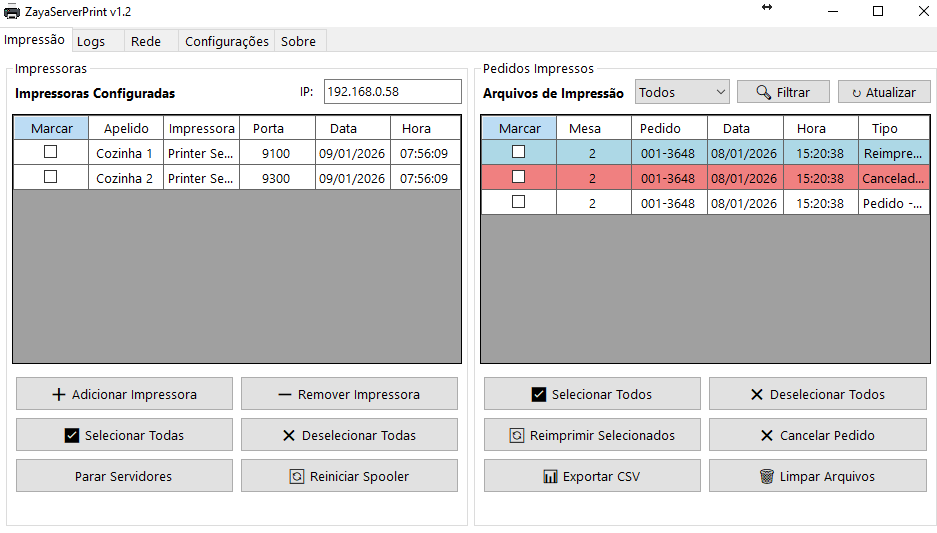 Zaya Server Print - Tela Principal